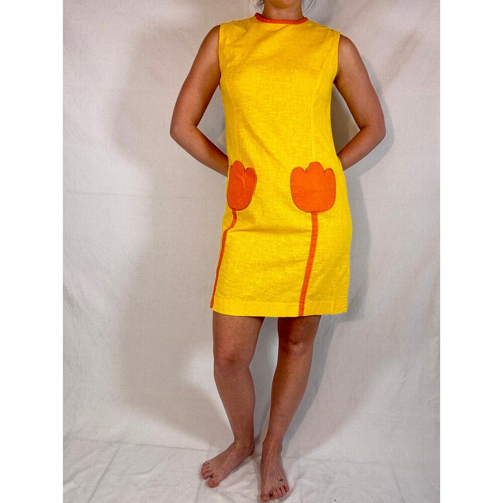 Vintage 1960s Mod Shift Dress Tear Away Skirt Set Yellow Orange Tulip Pockets - Picture 10 of 16
